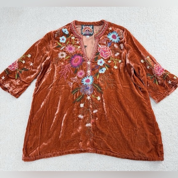 $340 JOHNNY WAS Ulla Persimmon Velvet Silk Floral Embroidered V-Neck Blouse L - Picture 4 of 12
